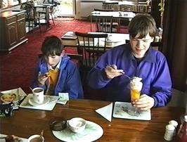 Clyde and Neil enjoy desserts at the Bedruthan House Hotel restaurant, opposite Bedruthan Steps